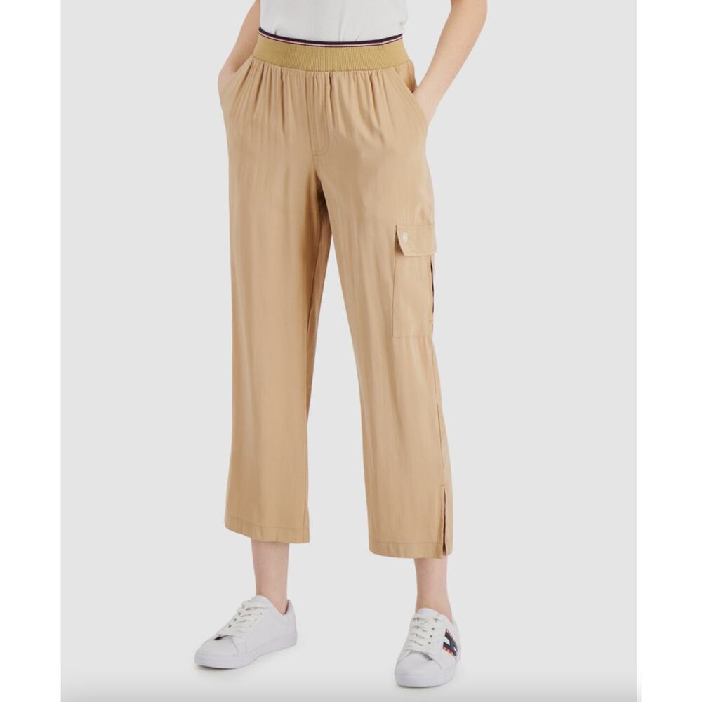 Tommy Hilfiger Wide Leg Pull On Cropped Pants Tan Cargo Athleisure